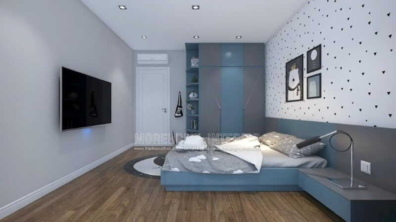 Tủ quần áo gỗ đẹp độc đáo với gam màu nổi bật xanh dương và xám cho phòng bé trai. Thiết kế nội thất chung cư