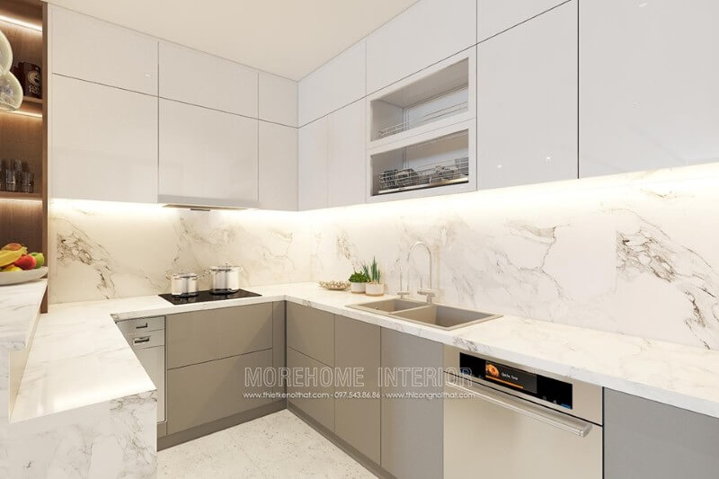 Hệ thống tủ bếp màu trắng, phân tách nhiều ngăn lớn nhỏ đáp ứng nhu cầu sắp xếp đồ nội thất Tủ bếp màu trắng, tủ bếp màu nâu đẹp