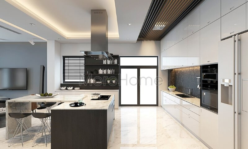 Trang trí chung cư với tủ bếp hiện đại màu trắng, bề mặt bếp được ốp đá nhân tạo cao cấp đảm bảo luôn sang trọng và sạch sẽ Tủ bếp đẹp, sang trọng và đẳng cấp