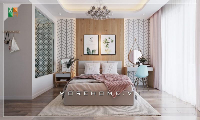 Tranh canvas họa tiết cây lá xanh mát rất hợp với thiết kế không gian phòng ngủ đẹp.