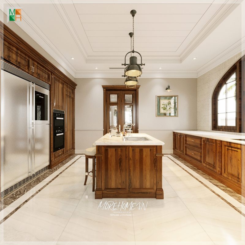 Khi bước vào phòng, bồn rửa mặt đá của bàn đảo bếp sẽ làm cho bạn cảm thấy ấm cúng.