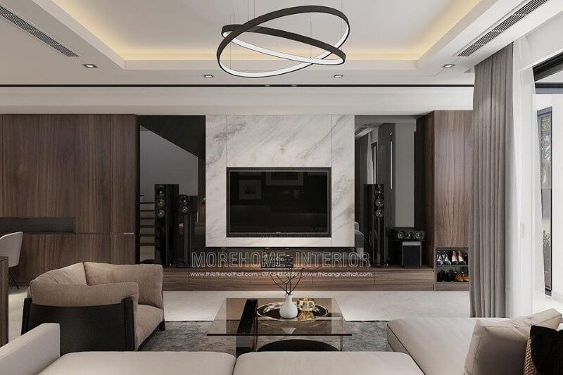 Sự kết hợp giữa đá ốp tường vân mây làm nên một điểm nhấn ấn tượng trong trang trí phòng khách hiện đại.