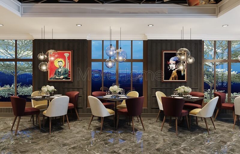 Kiến trúc sư đã thiết kế một nhà hàng đẹp với khả năng phản xạ ánh sáng tuyệt vời, giúp cho khu vực nhà hàng luôn có vẻ tươi mới và sang trọng.