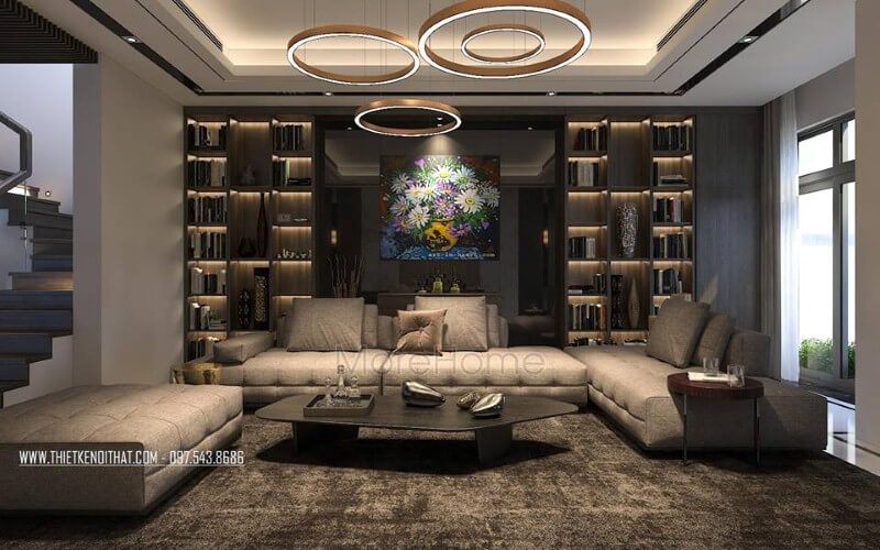 Bộ sofa lớn có thiết kế hiện đại và được bọc da nâu cao cấp đã tạo ra ấn tượng mạnh mẽ trong phòng khách biệt thự, nhà phố.